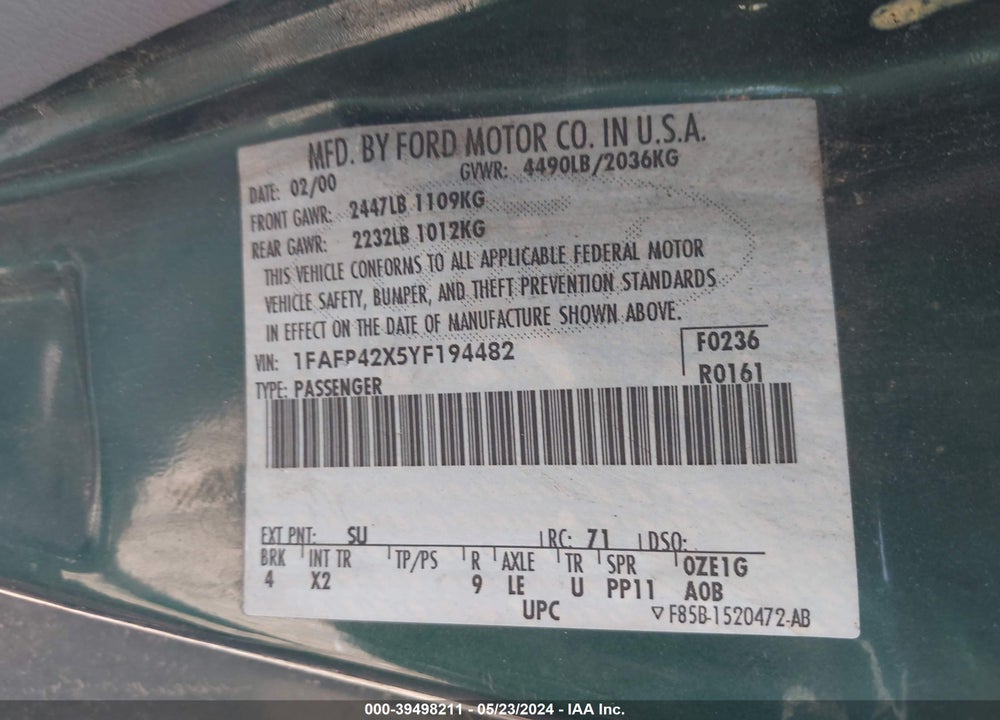 2000 FORD MUSTANG GT VIN: 1FAFP42X5YF194482
