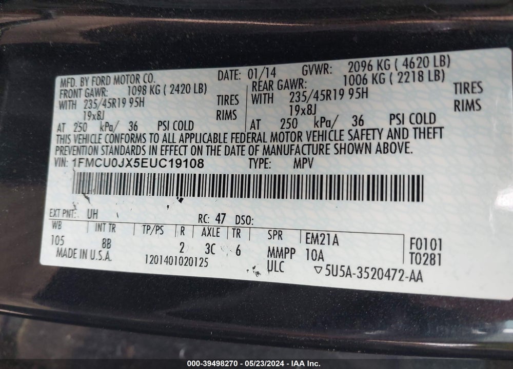 2014 FORD ESCAPE TITANIUM VIN: 1FMCU0JX5EUC19108