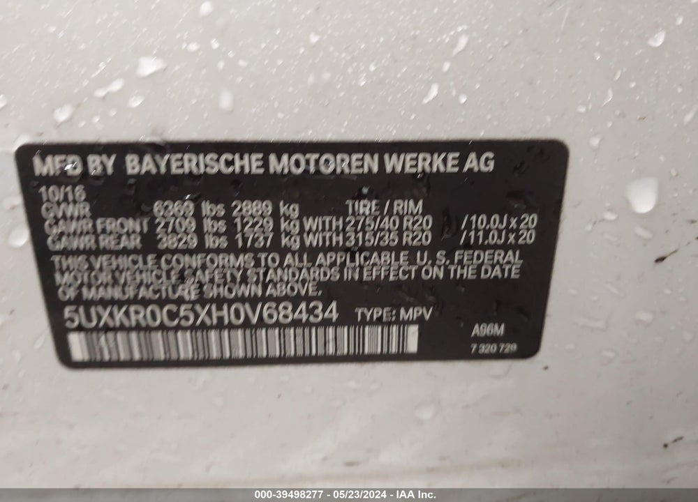 2017 BMW X5 XDRIVE35I VIN: 5UXKR0C5XH0V68434
