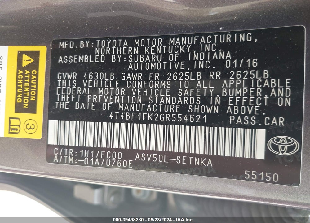 2016 TOYOTA CAMRY LE VIN: 4T4BF1FK2GR554621