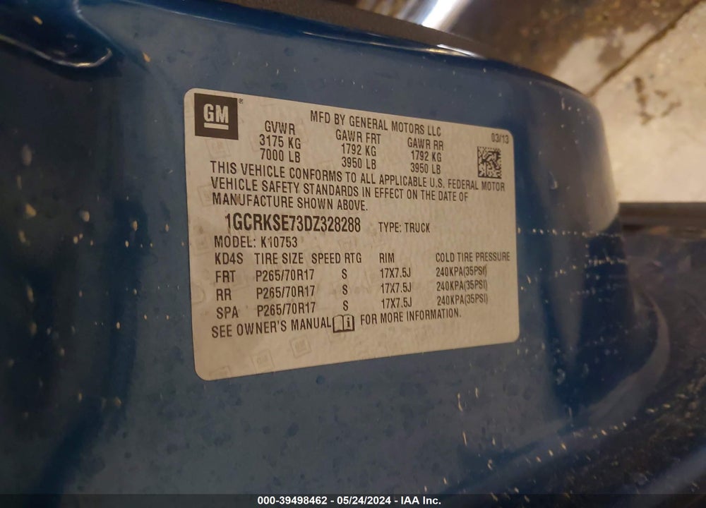 2013 CHEVROLET SILVERADO 1500 LT VIN: 1GCRKSE73DZ328288