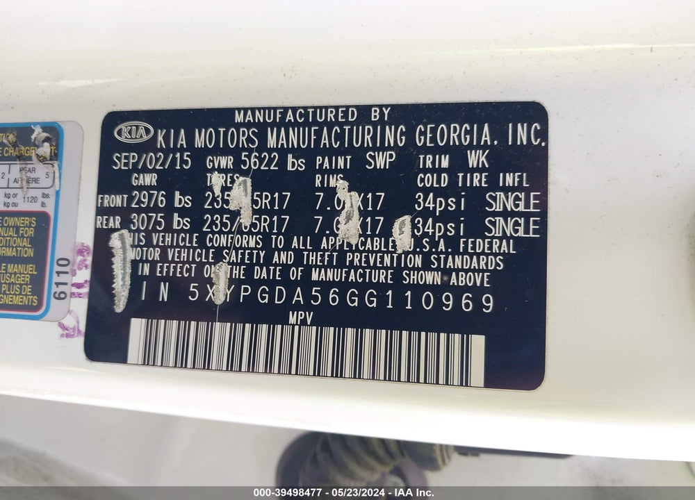 2016 KIA SORENTO 3.3L LX VIN: 5XYPGDA56GG110969