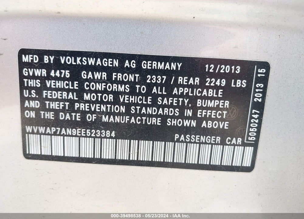 2014 VOLKSWAGEN CC 2.0T R-LINE VIN: WVWAP7AN9EE523384