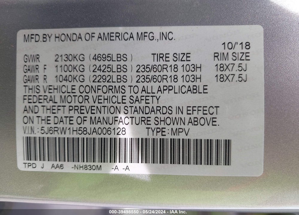 2018 HONDA CR-V EX VIN: 5J6RW1H58JA006128