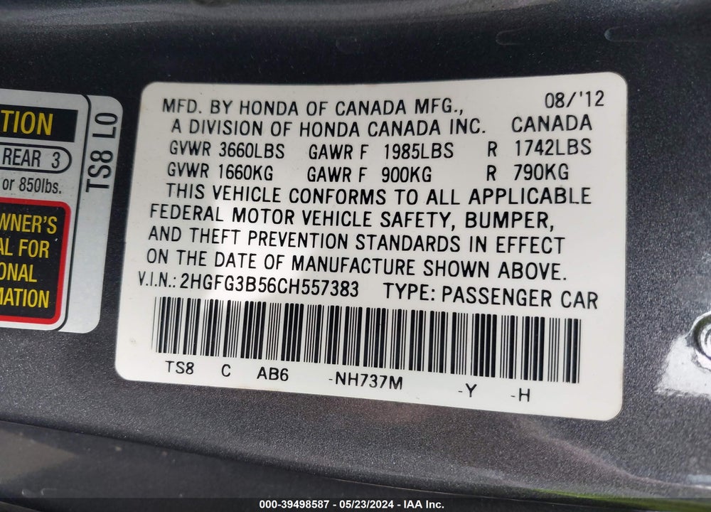 2012 HONDA CIVIC LX VIN: 2HGFG3B56CH557383