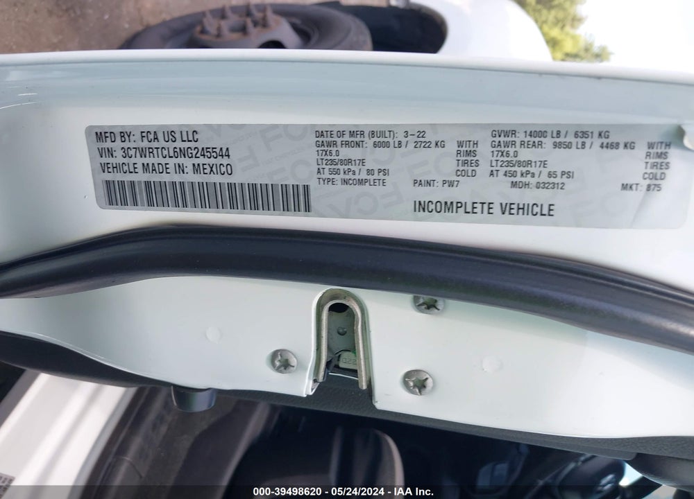 2022 RAM 3500 CHASSIS TRADESMAN/SLT/LAIE/LIMITED VIN: 3C7WRTCL6NG245544