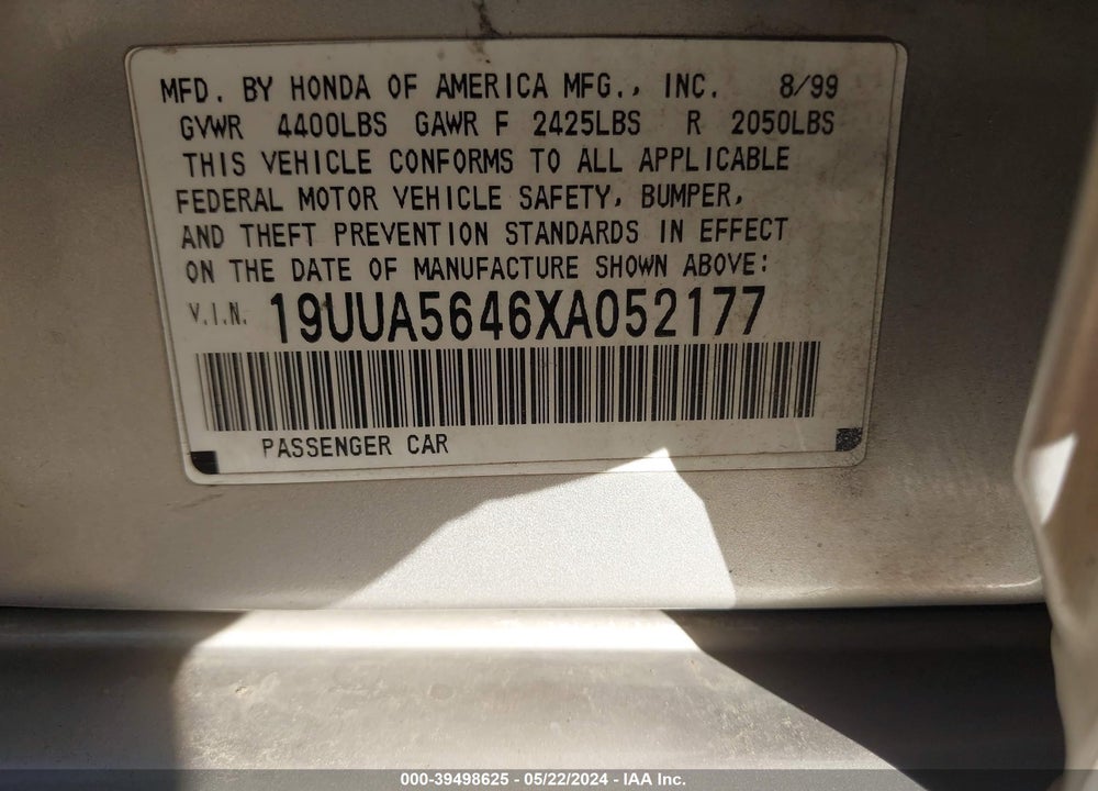 1999 ACURA TL 3.2 VIN: 19UUA5646XA052177