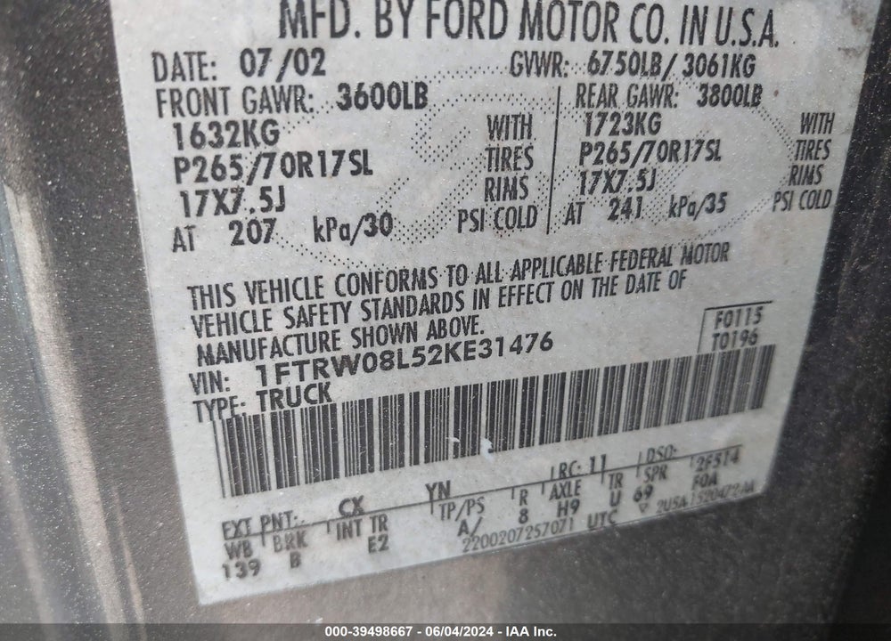 2002 FORD F-150 LARIAT/XLT VIN: 1FTRW08L52KE31476