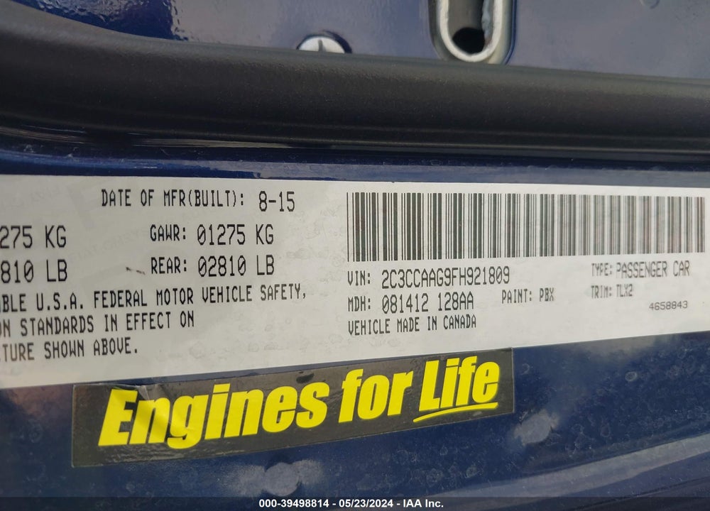 2015 CHRYSLER 300 LIMITED VIN: 2C3CCAAG9FH921809