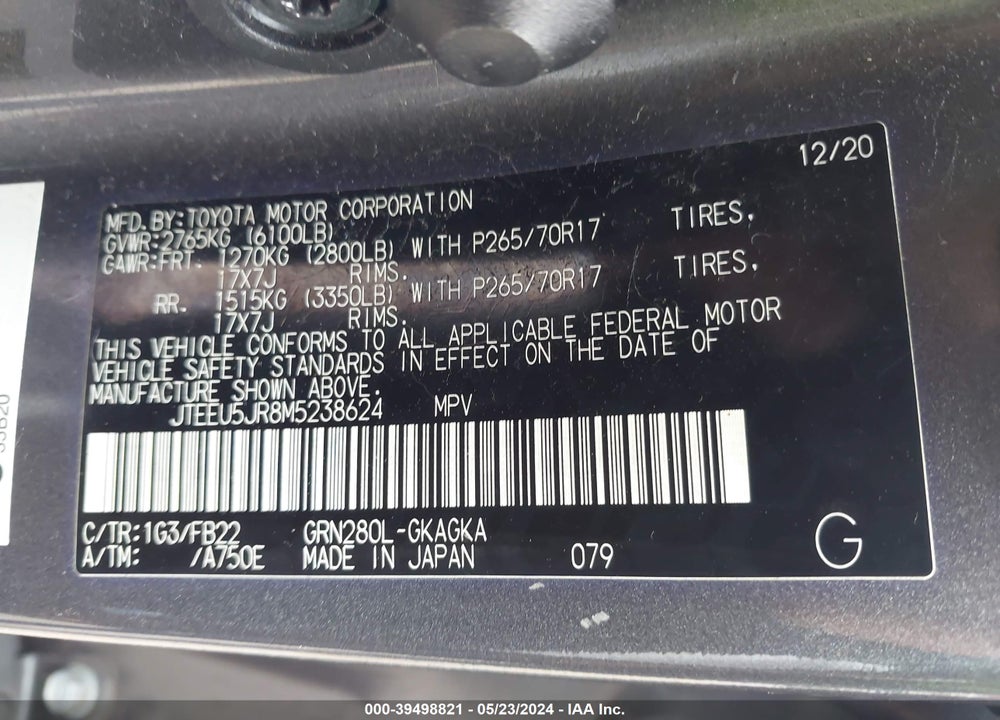 2021 TOYOTA 4RUNNER SR5 VIN: JTEEU5JR8M5238624