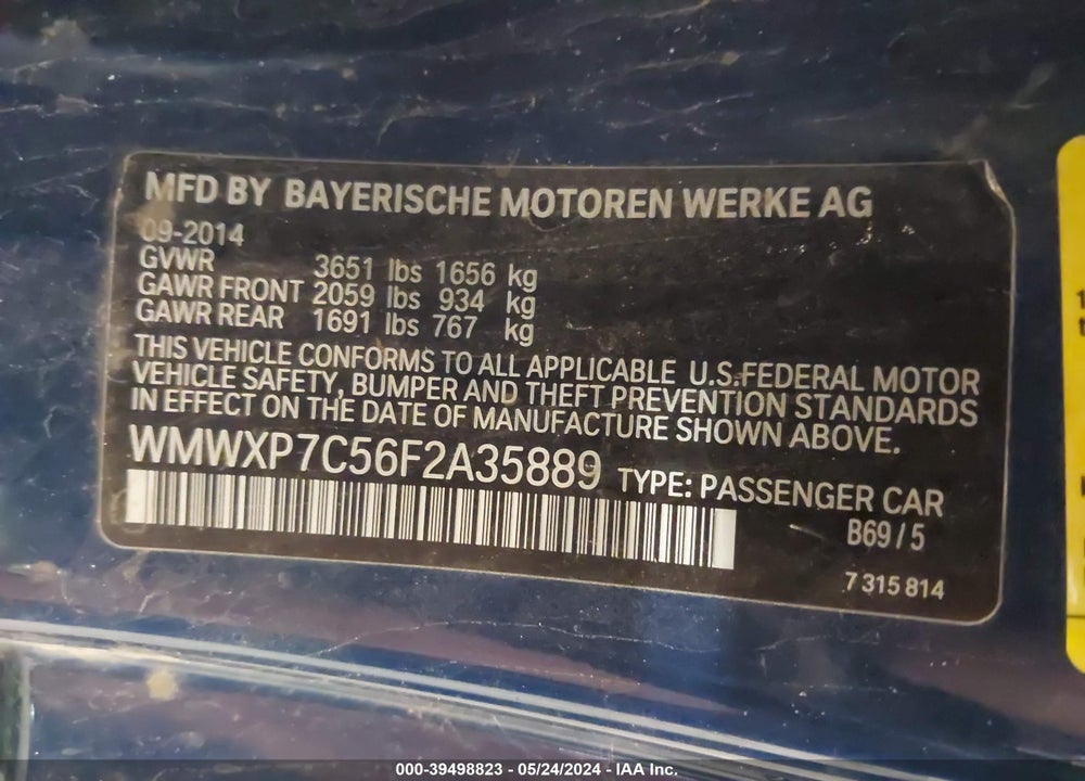 2015 MINI HARDTOP COOPER S VIN: WMWXP7C56F2A35889