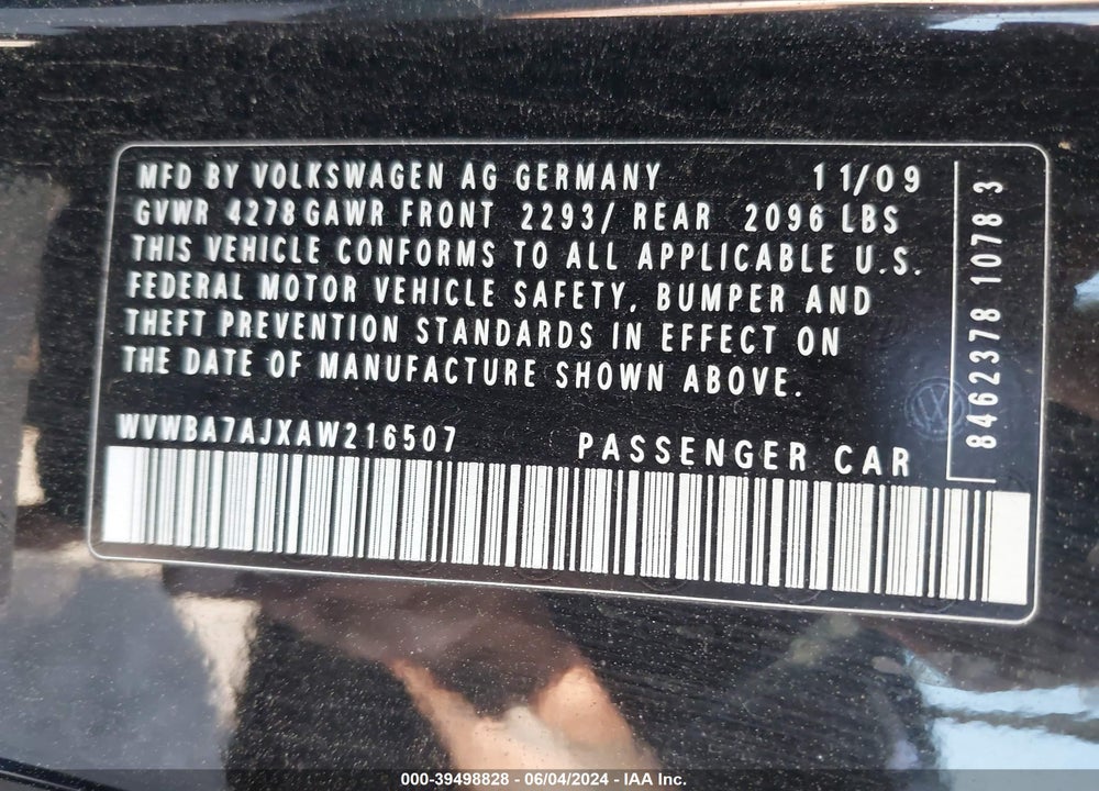 2010 VOLKSWAGEN GOLF 2-DOOR VIN: WVWBA7AJXAW216507