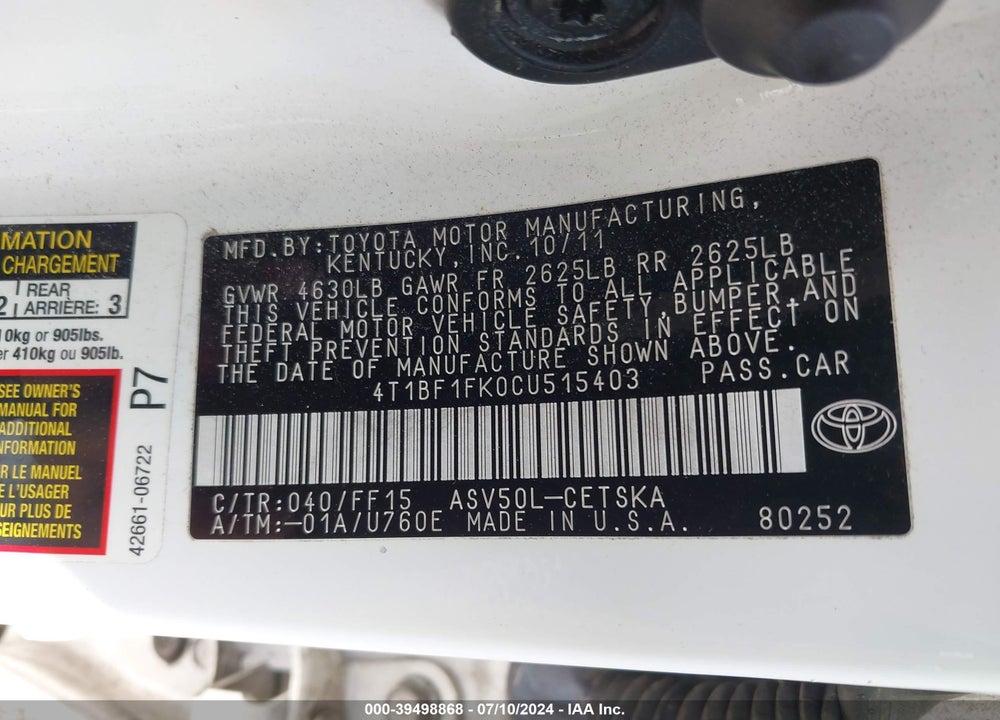 2012 TOYOTA CAMRY SE VIN: 4T1BF1FK0CU515403
