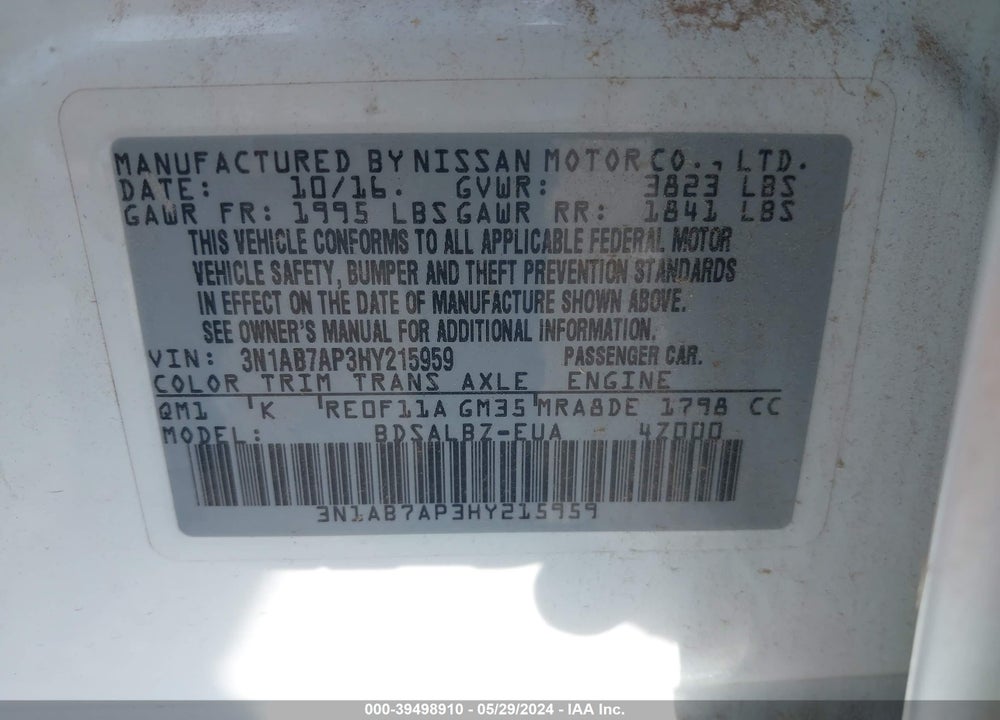 2017 NISSAN SENTRA S VIN: 3N1AB7AP3HY215959