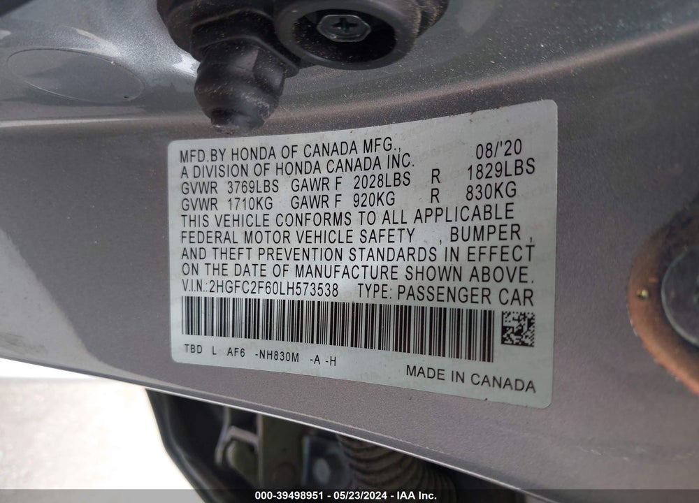 2020 HONDA CIVIC LX VIN: 2HGFC2F60LH573538