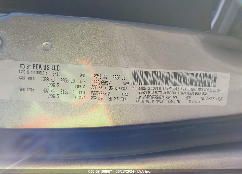 2019 DODGE GRAND CARAVAN GT VIN: 2C4RDGEG5KR711633