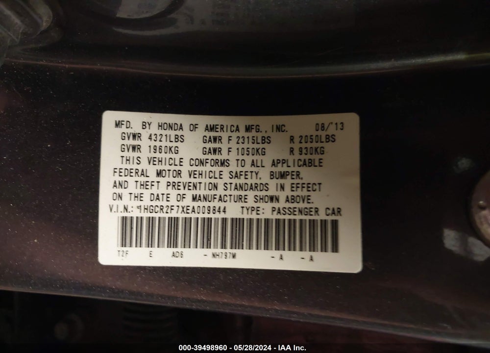 2014 HONDA ACCORD VIN: 1HGCR2F7XEA009844