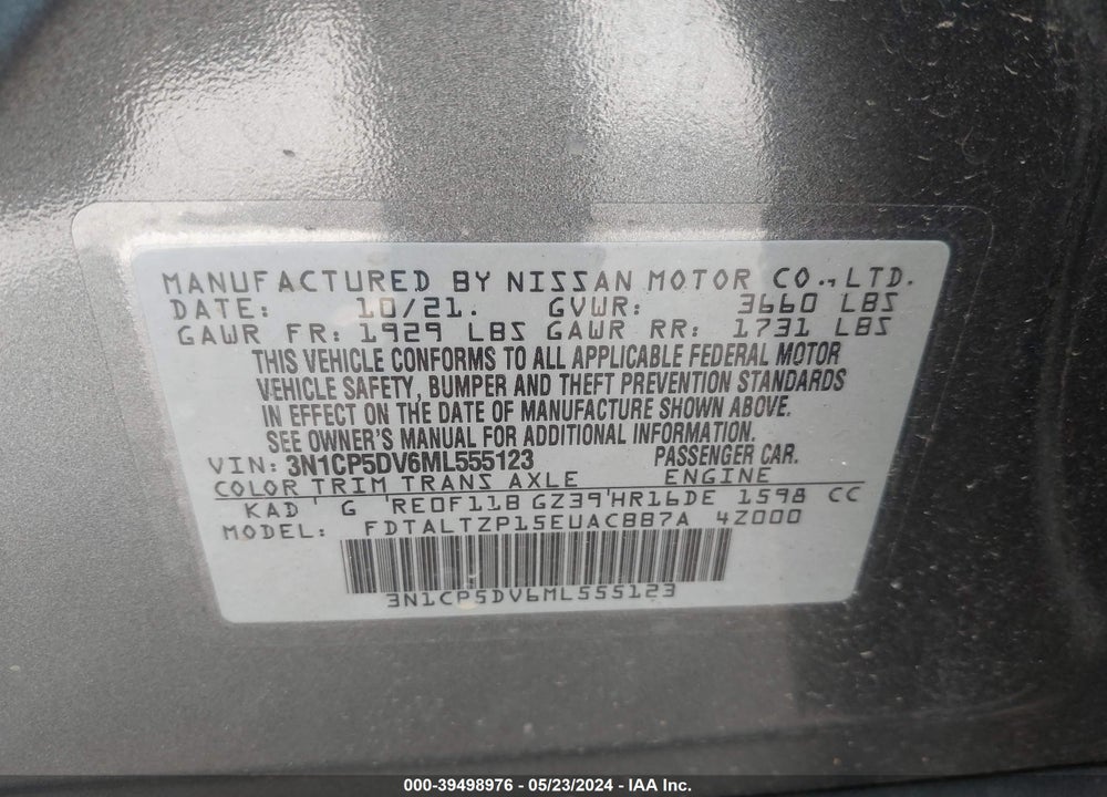 2021 NISSAN KICKS SR XTRONIC CVT VIN: 3N1CP5DV6ML555123
