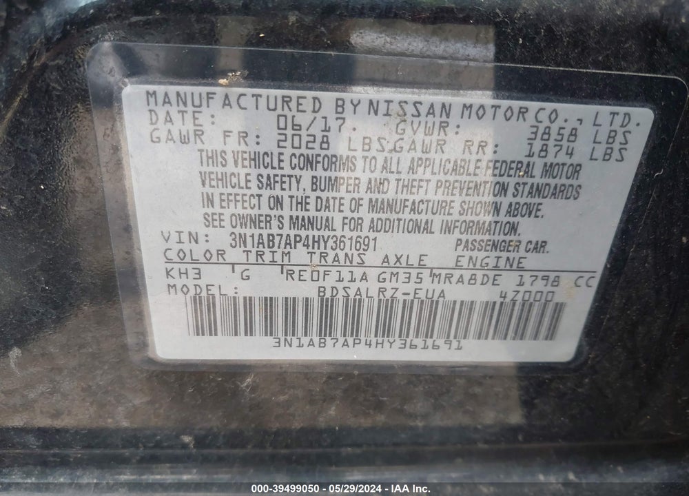 2017 NISSAN SENTRA SR VIN: 3N1AB7AP4HY361691