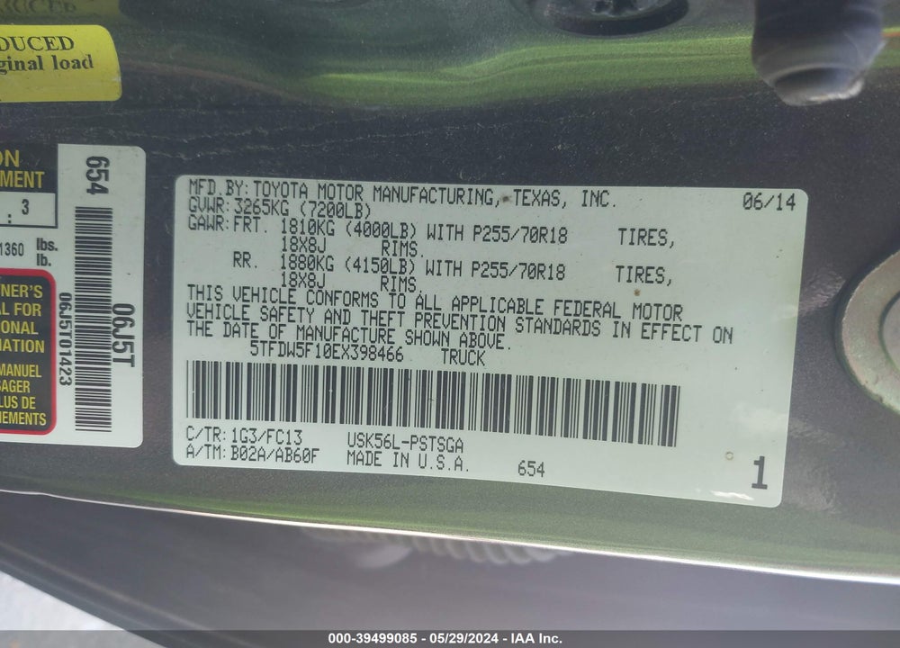 2014 TOYOTA TUNDRA SR5 5.7L V8 VIN: 5TFDW5F10EX398466