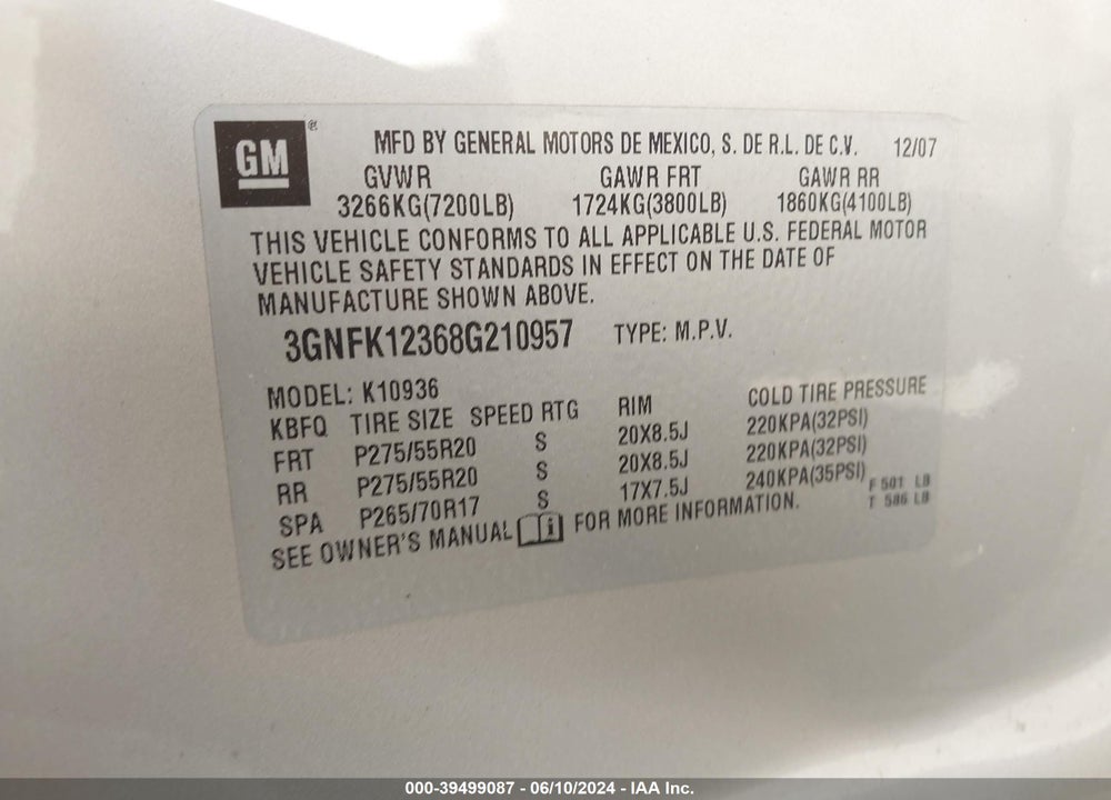 2008 CHEVROLET AVALANCHE 1500 LT VIN: 3GNFK12368G210957