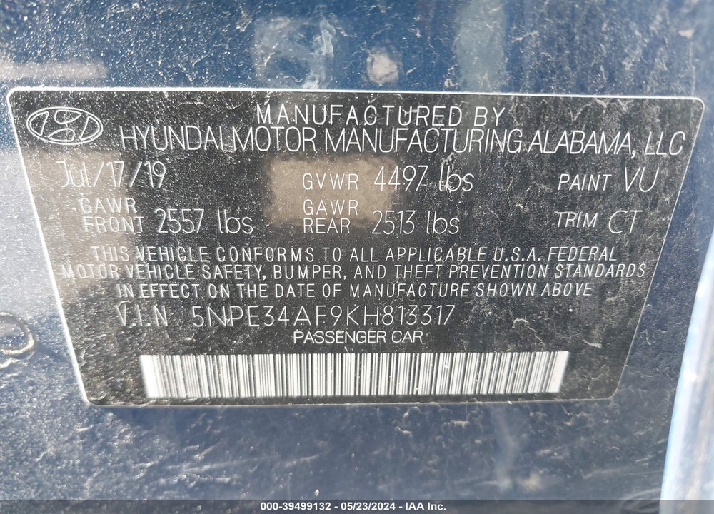 2019 HYUNDAI SONATA SPORT VIN: 5NPE34AF9KH813317