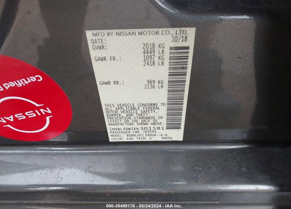 2019 NISSAN ALTIMA 2.5 SV VIN: 1N4BL4DW2KN301581