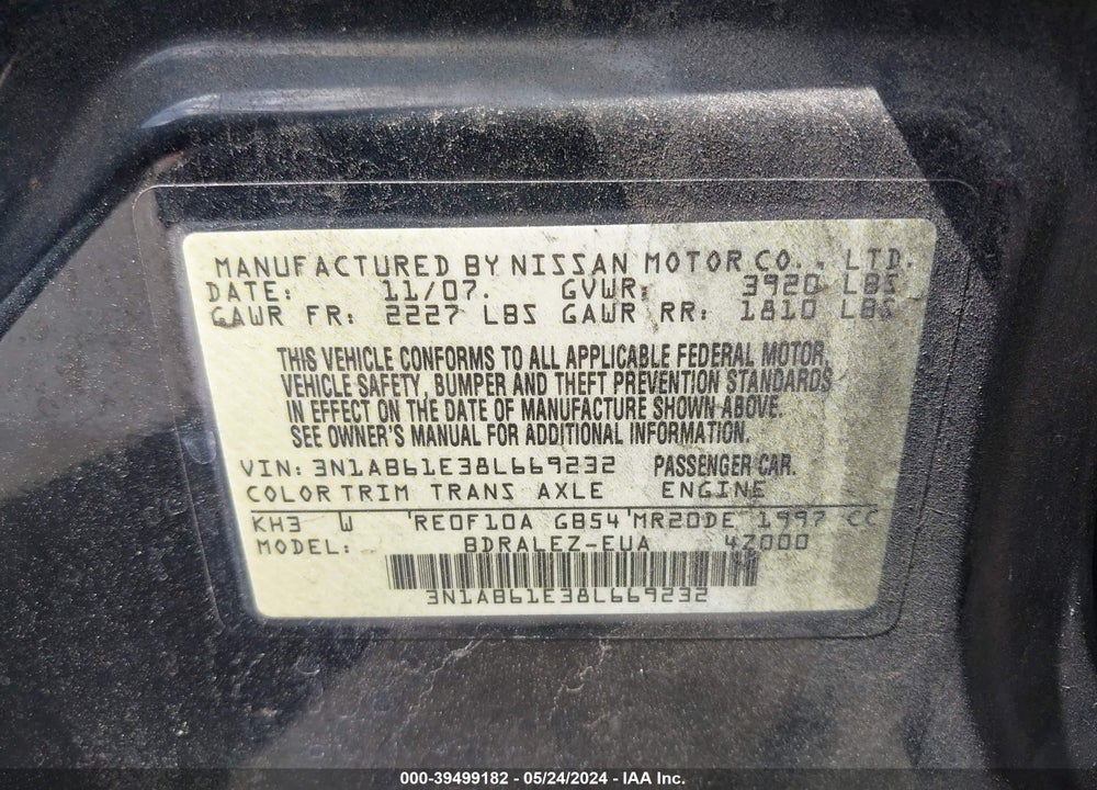 2008 NISSAN SENTRA 2.0S VIN: 3N1AB61E38L669232