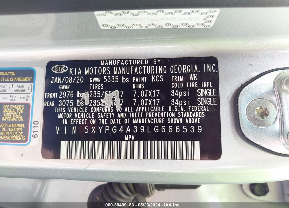 2020 KIA SORENTO 2.4L L VIN: 5XYPG4A39LG666539