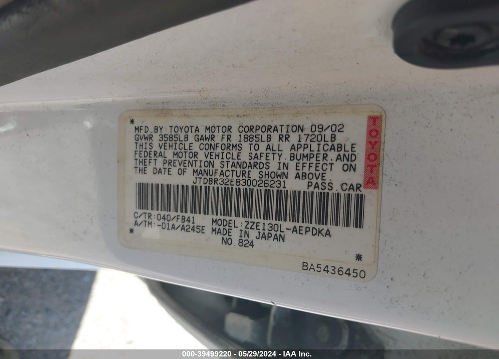 2003 TOYOTA COROLLA CE VIN: JTDBR32E830026231