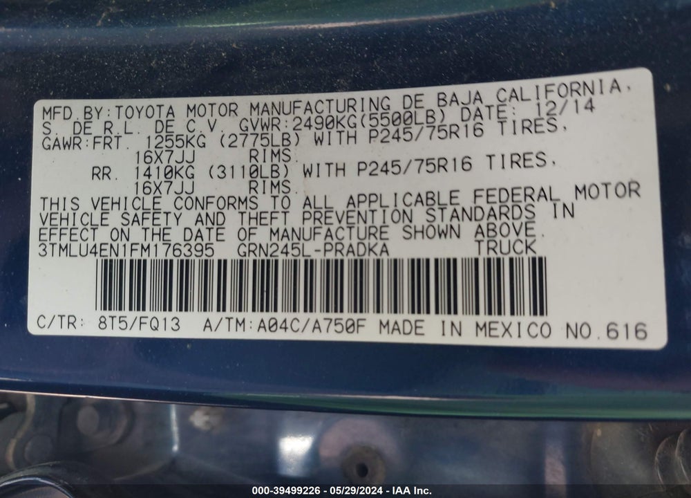 2015 TOYOTA TACOMA BASE V6 VIN: 3TMLU4EN1FM176395