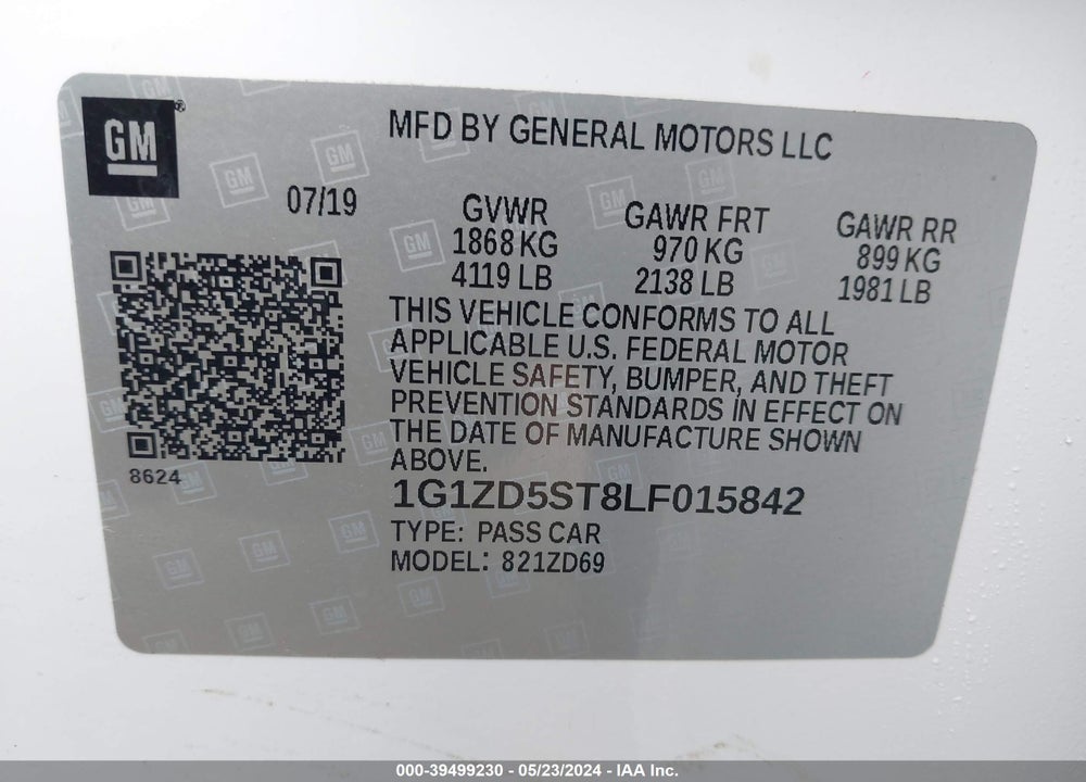 2020 CHEVROLET MALIBU FWD LT VIN: 1G1ZD5ST8LF015842