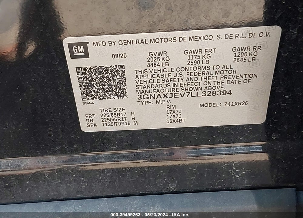 2020 CHEVROLET EQUINOX FWD 2FL VIN: 3GNAXJEV7LL328394