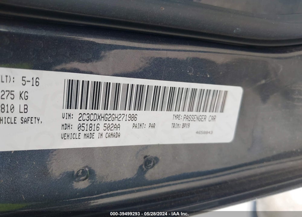 2016 DODGE CHARGER SXT VIN: 2C3CDXHG2GH271986