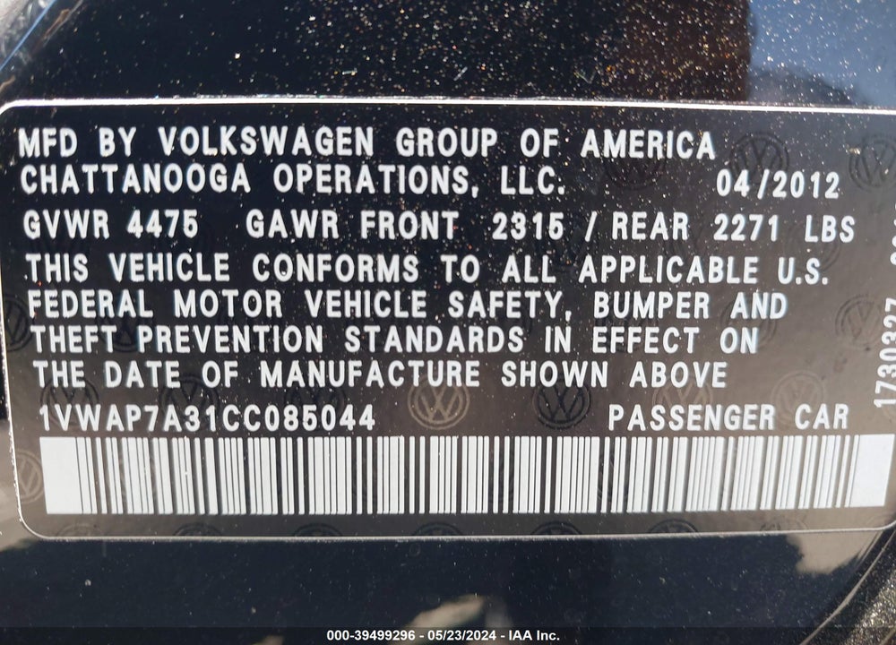 2012 VOLKSWAGEN PASSAT 2.5L S VIN: 1VWAP7A31CC085044