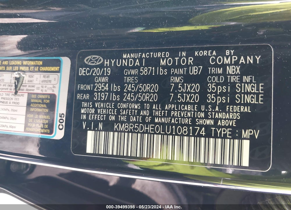 2020 HYUNDAI PALISADE LIMITED VIN: KM8R5DHE0LU108174