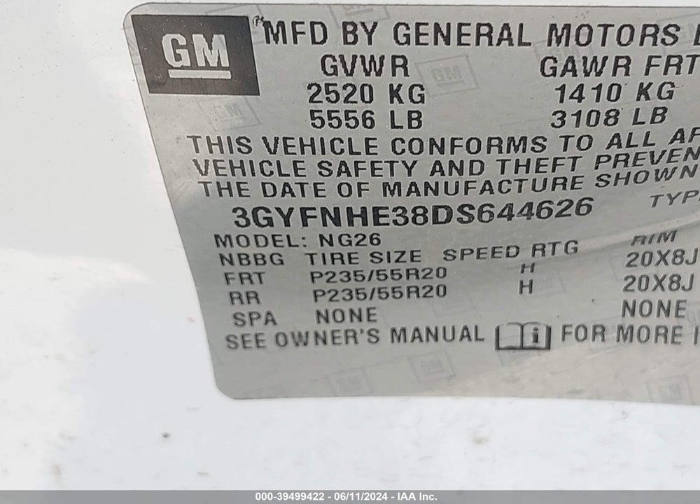 2013 CADILLAC SRX PERFORMANCE COLLECTION VIN: 3GYFNHE38DS644626