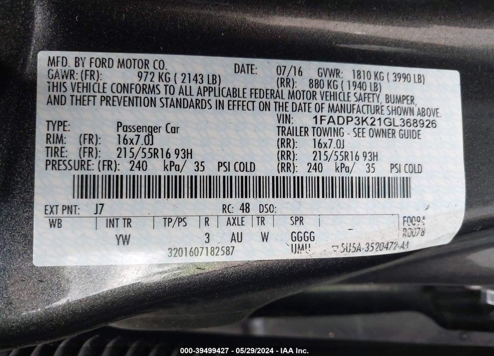 2016 FORD FOCUS SE VIN: 1FADP3K21GL368926