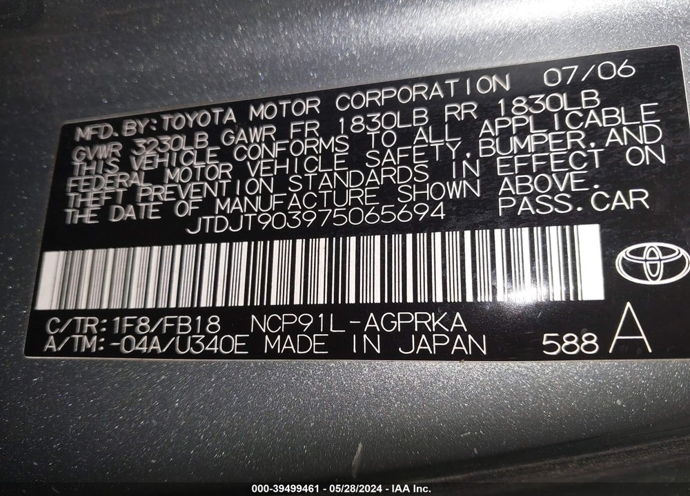 2007 TOYOTA YARIS VIN: JTDJT903975065694