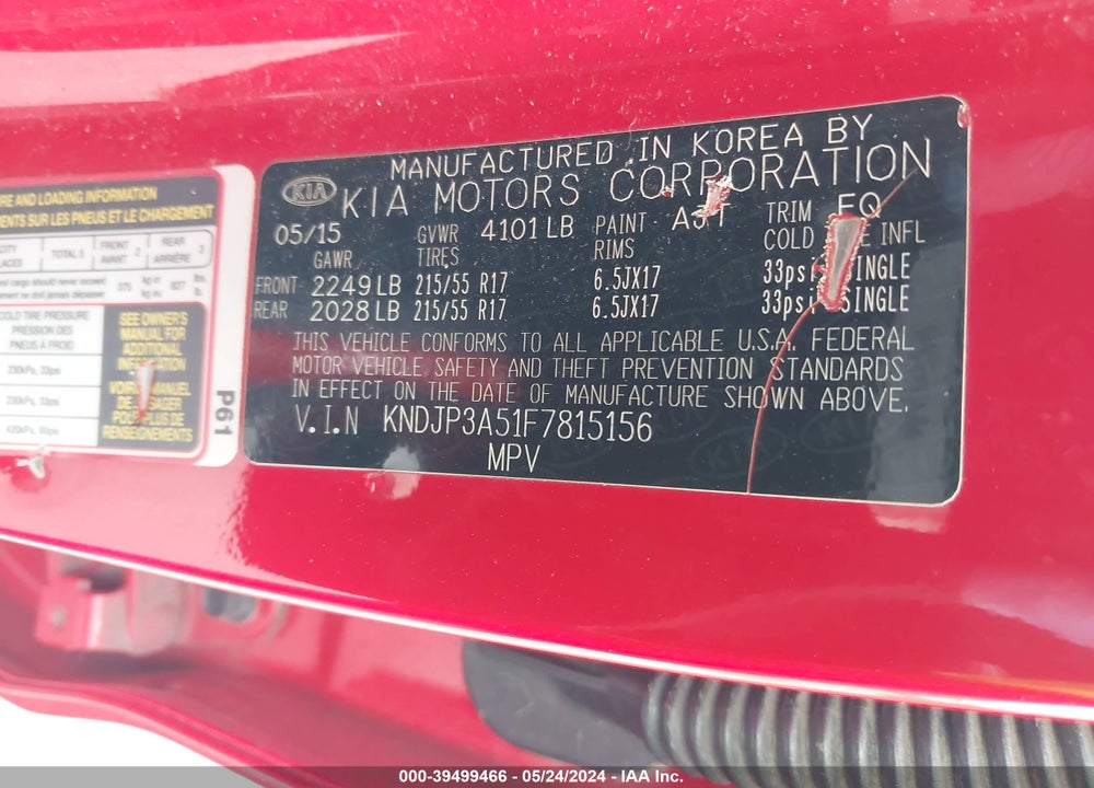 2015 KIA SOUL VIN: KNDJP3A51F7815156