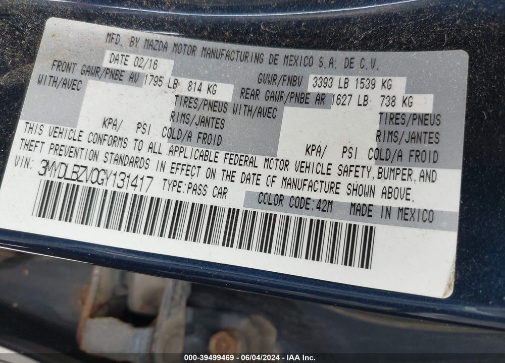 2016 SCION IA VIN: 3MYDLBZV0GY131417