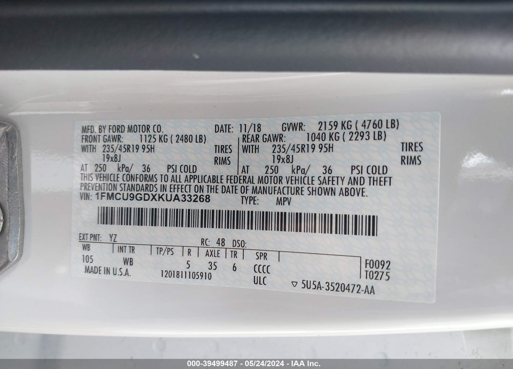 2019 FORD ESCAPE SE VIN: 1FMCU9GDXKUA33268