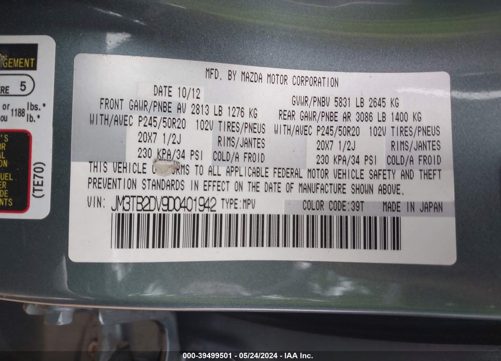 2013 MAZDA CX-9 GRAND TOURING VIN: JM3TB2DV9D0401942