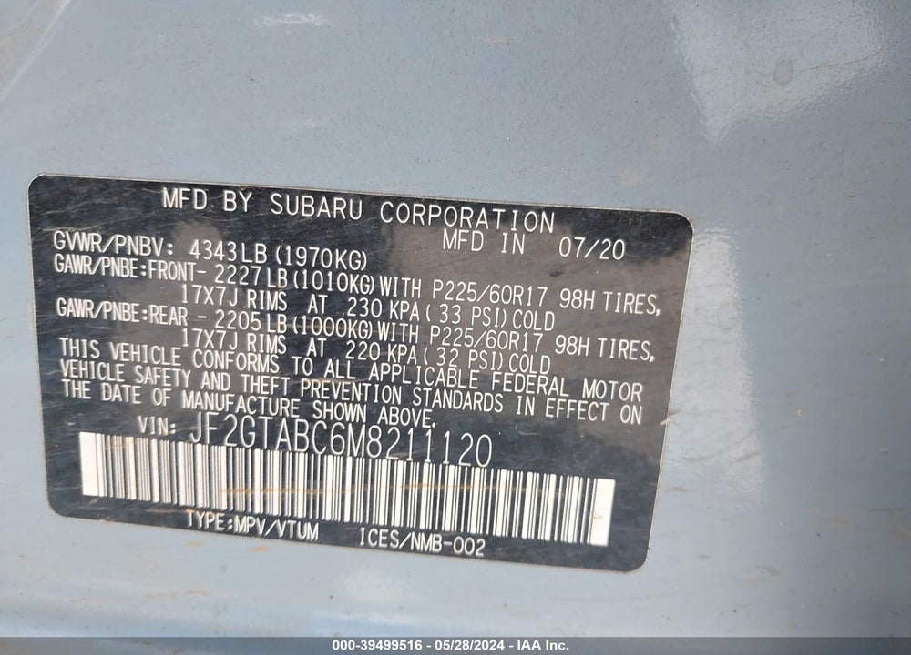 2021 SUBARU CROSSTREK VIN: JF2GTABC6M8211120