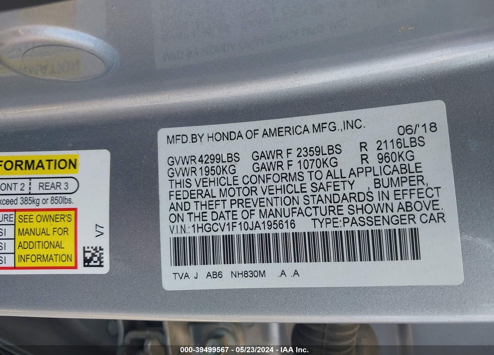 2018 HONDA ACCORD LX VIN: 1HGCV1F10JA195616