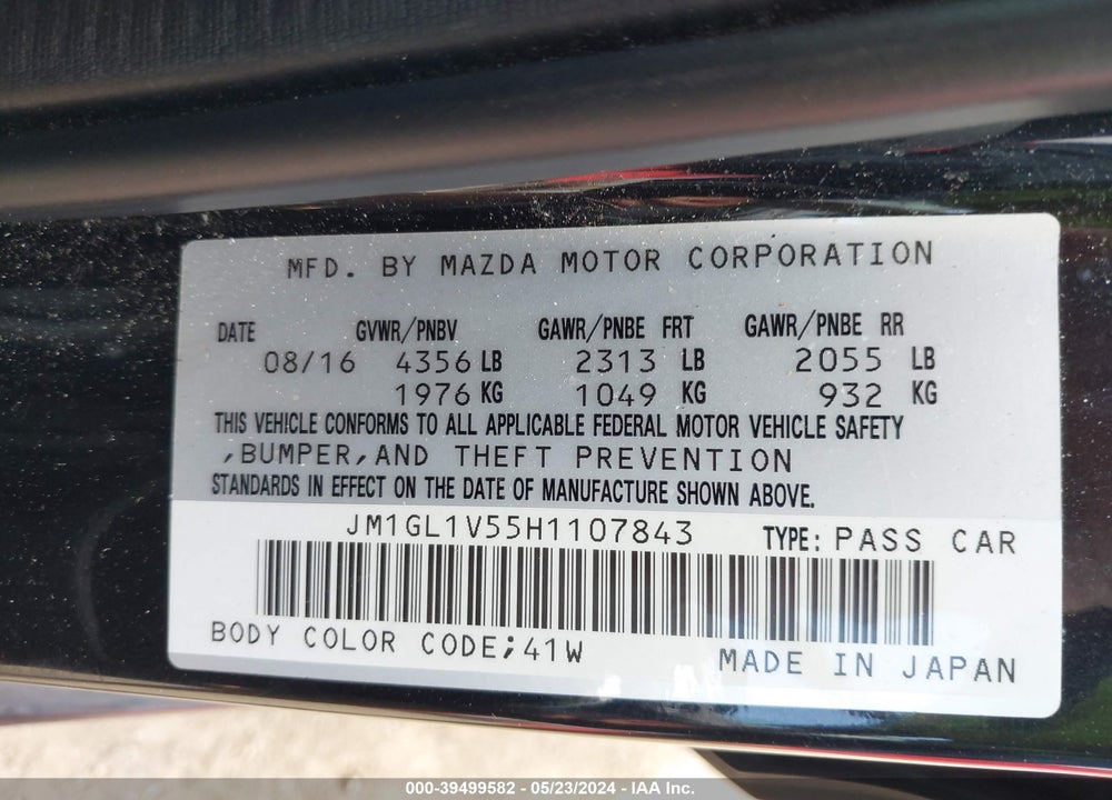2017 MAZDA 6 TOURING VIN: JM1GL1V55H1107843