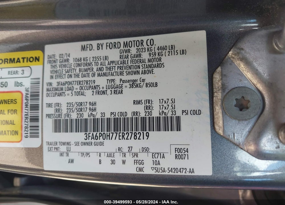 2014 FORD FUSION SE VIN: 3FA6P0H77ER278219