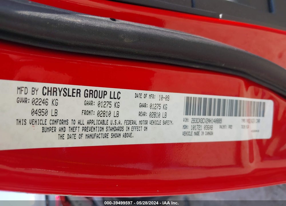 2010 DODGE CHARGER SXT VIN: 2B3CA3CV2AH140889