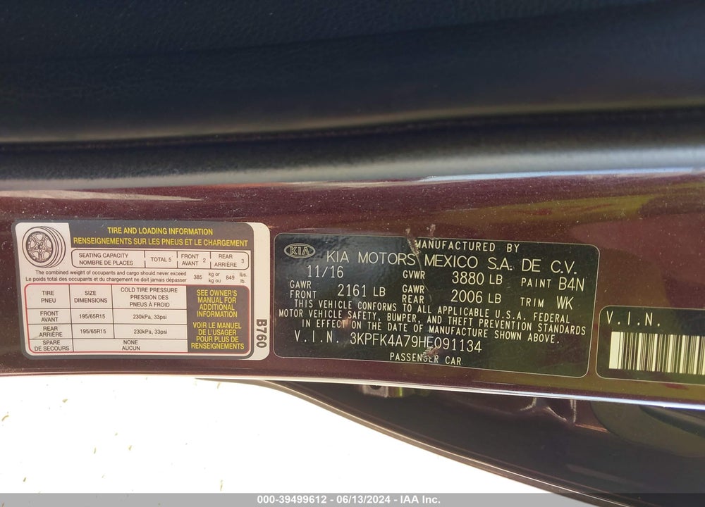 2017 KIA FORTE VIN: 3KPFK4A79HE091134