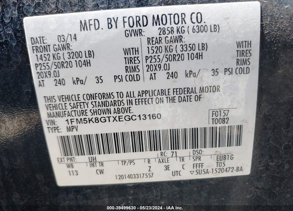 2014 FORD EXPLORER SPORT VIN: 1FM5K8GTXEGC13160